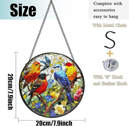 Birds on a Branch Stained Suncatcher for Windows Hanging, 7.8'' Animal Flower Scenery Stained Glass Window Hanging Home Garden Decor, Hand-Painted Glass Gifts for Birds Lovers, Mom