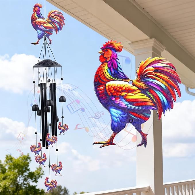 Chicken Wind Chimes for Outside, Metal Rooster Wind Chime, Funny Gift for Chicken Lovers, Garden Patio Yard Decor