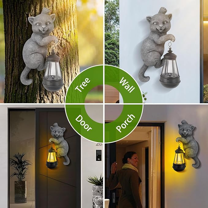 Solar Cat Outdoor Statues for Garden Decor Hugger Solar Lantern Resin Statue for Outside Balcony Decorations Gift for Grandma Women (Grey Cat)