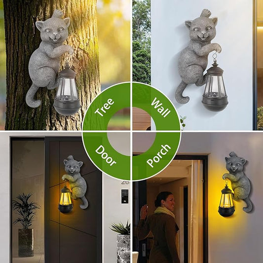 Solar Cat Outdoor Statues for Garden Decor Hugger Solar Lantern Resin Statue for Outside Balcony Decorations Gift for Grandma Women (Grey Cat)