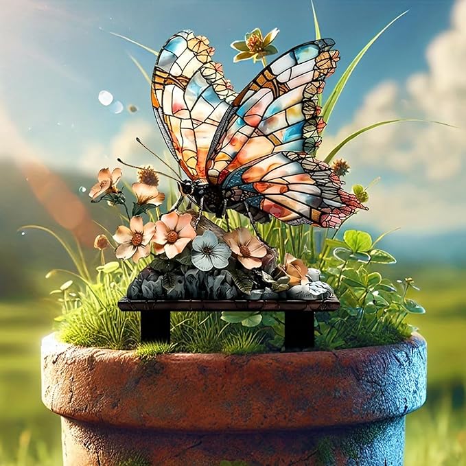 Garden Stake Decor, Acrylic 2D Flat Cute Animal Statue, Fairy Sculptures Ornament Indoor Outdoor Yard Lawn Pot Plant Decorative Accessories (Floral Butterfly)