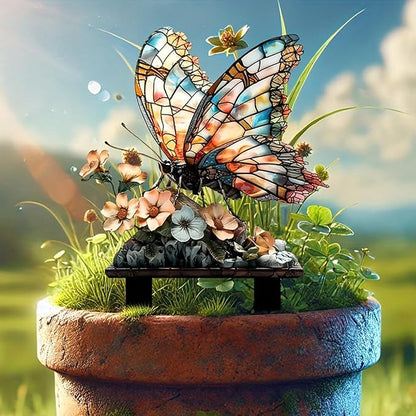 Garden Stake Decor, Acrylic 2D Flat Cute Animal Statue, Fairy Sculptures Ornament Indoor Outdoor Yard Lawn Pot Plant Decorative Accessories (Floral Butterfly)
