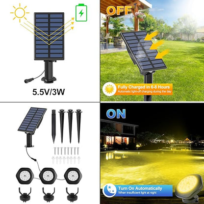 Solar Pond Lights,3000K Warm White LED Underwater Submersible Fountain Light,IP68 Waterproof Landscape Spotlights Lighting for Fish Aquarium Tank Garden Yard Pond Pool Decor(3-in-1)