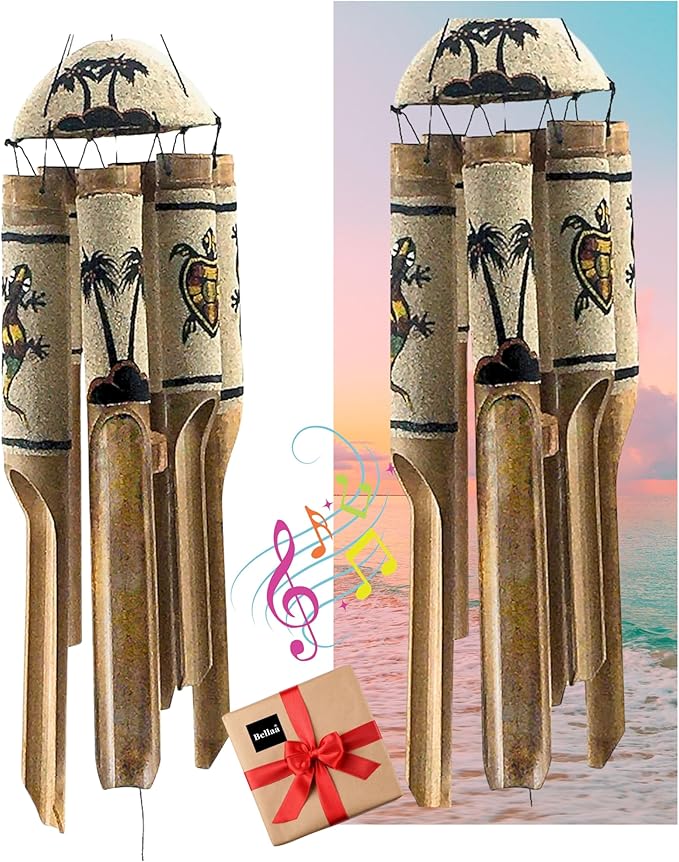 Bellaa 24629 Bamboo Wind Chimes Sea Sand Art Painting Palm Coconut Tree Gecko Sea Turtle Handmade Windchimes Outdoor Garden Patio Gifts 32 Inch