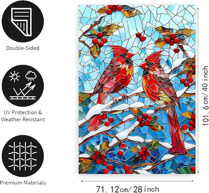 Winter Cardinal Bird Garden Flag for Outside 28x40 Stained Glass Red Birds on Snow Pine Tree Flag Christmas House Flags Large Outdoor Welcome New Years Yard Flag Double Sided