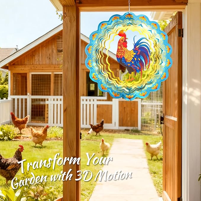 Stainless Steel 3D Chicken Wind Spinner Garden Yard Patio Porch Decor, Birthday Gifts for Women Mom Grandma, 12 Inch Hanging Rooster Wind Spinners Outdoor Chicken Coop Decoration