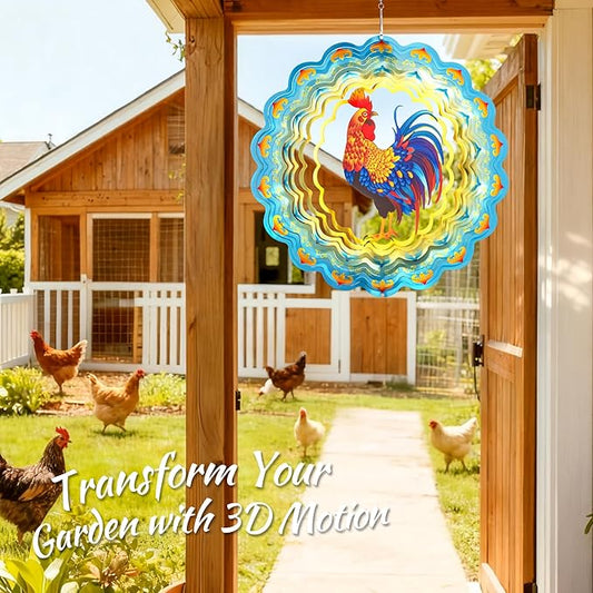 Stainless Steel 3D Chicken Wind Spinner Garden Yard Patio Porch Decor, Birthday Gifts for Women Mom Grandma, 12 Inch Hanging Rooster Wind Spinners Outdoor Chicken Coop Decoration