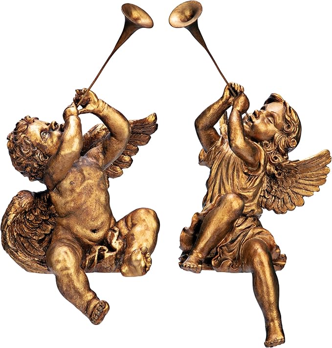 Design Toscano JE930801 Trumpeting Angels of Peter's Square Holiday Statue Ornaments, Set of Two, Boy & Girl, 7 inches Wide, 13 inches Tall, Handcast Polyresin, Antique Gold Finish