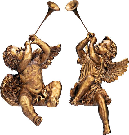 Design Toscano JE930801 Trumpeting Angels of Peter's Square Holiday Statue Ornaments, Set of Two, Boy & Girl, 7 inches Wide, 13 inches Tall, Handcast Polyresin, Antique Gold Finish