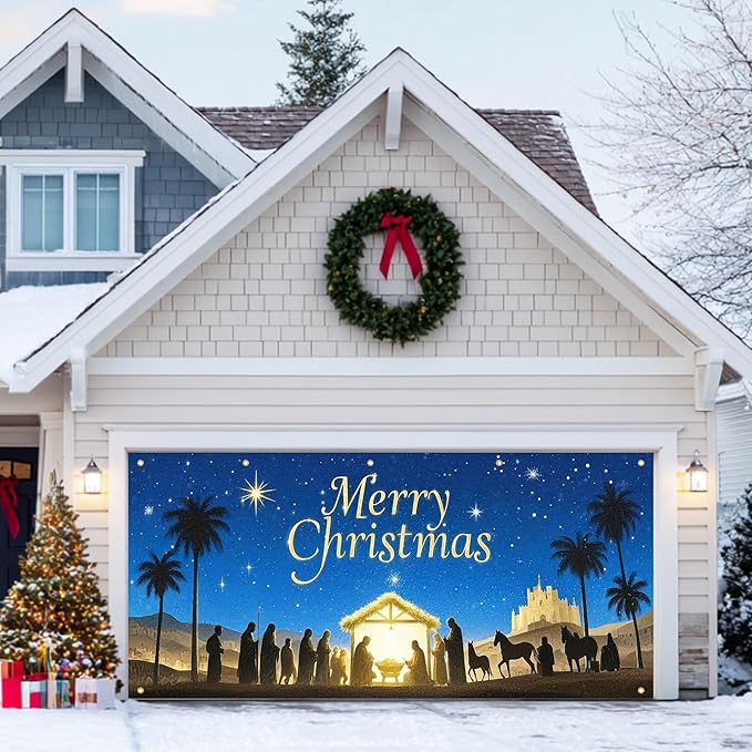 HOMETITUTE Christmas Garage Door Banner 13x6ft Nativity Scene Theme Backdrop Holiday Seasonal Decor Winter Door Cover Banners for Outside Garage Wall Covering for Party Garage Decorations