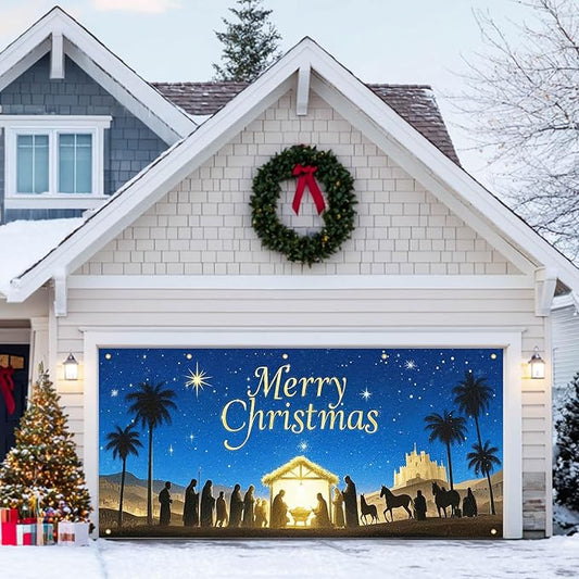 HOMETITUTE Christmas Garage Door Banner 13x6ft Nativity Scene Theme Backdrop Holiday Seasonal Decor Winter Door Cover Banners for Outside Garage Wall Covering for Party Garage Decorations