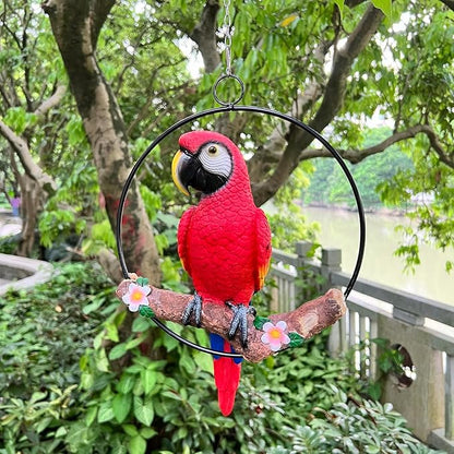Hanging Scarlet Macaw Parrot Perching on Branch in Metal Round Ring for Home Patio Garden Decor 16" H (Red and Yellow)