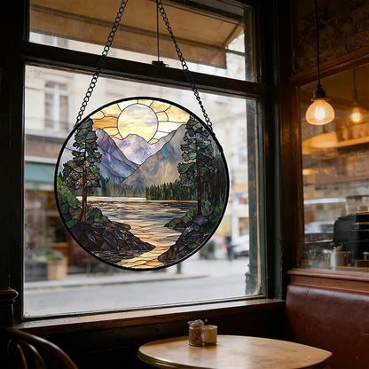 Stained Glass Window Hanging, Sunset Mountains Lake Tree Sun Catcher for Window Home Decor Landscape Suncatcher Mother's Day Birthday Gifts for Women Men Mom and Nana 9.8 in