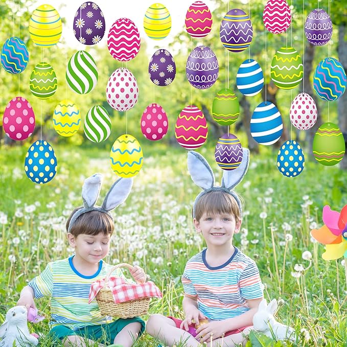 Yunlly 30 Pcs Easter Egg Decorations Outdoor Easter Tree Hanging Yard Signs 2 Size Colorful Egg Shaped Double Sided Plastic Slices Ornaments for Tree Porch Lawn Yard Outside Spring Party Decor