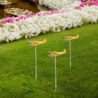 Metal Airplane Wind Spinner Outdoor Garden Decoration Yellow Small 28x18cm Iron Art Weather Vane Patio Yard Sculpture
