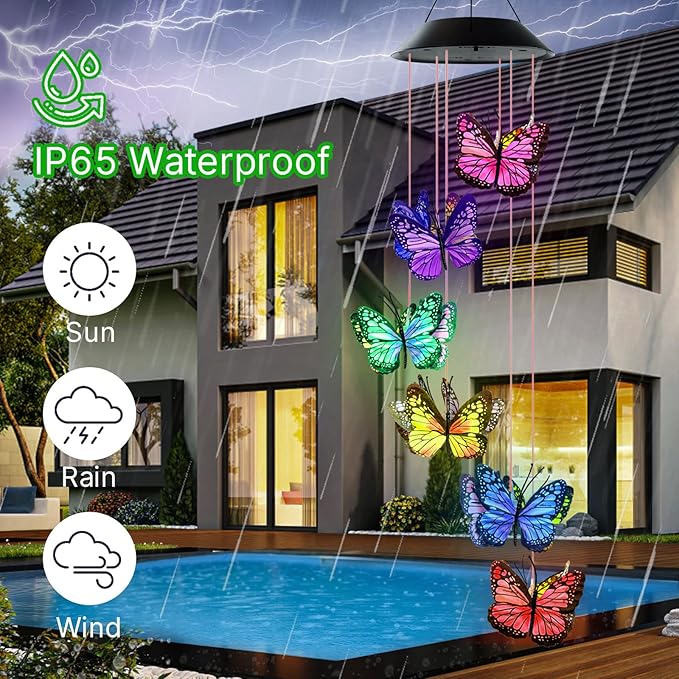 Wind Chimes for Outside, AVEKI Butterfly Solar Wind Chime Waterproof LED Color-Changing Wind Chimes Solar Powered Lights for Home Garden Christmas Decoration Gifts…