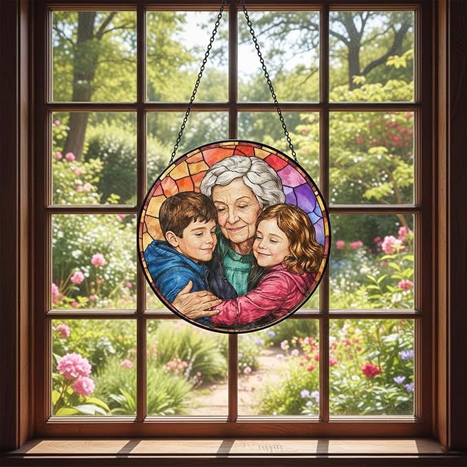 Personalized Grandma Stained Glass Sun Catcher, Custom Photo Window Hanging, Personalized Stained Glass, Gift for Grandma, Grandparents, Christmas, Birthday, Keepsake, Christmas Ornament, P2