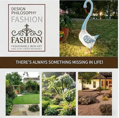 Large Swan Statue Garden Decor with Solar Powered Light, Hand-Painted Iron Art with Hollow Carved Design, Waterproof Outdoor Sculpture for Garden, Yard, Pond, Lawn and Pathway,Tall