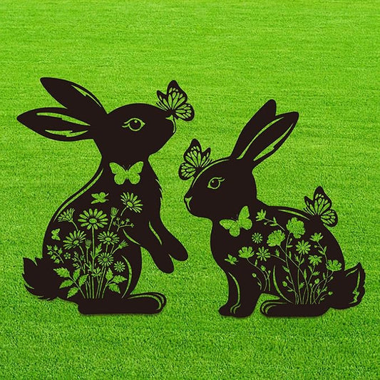 Bunny Garden Decor for Outside - 2 Pcs Rabbit Statue Metal Yard Art Stakes Lawn Patio Pathway Pot Decoration Black Silhouette Sculpture Easter Birthday Gifts for Women Girls Mom Grandma