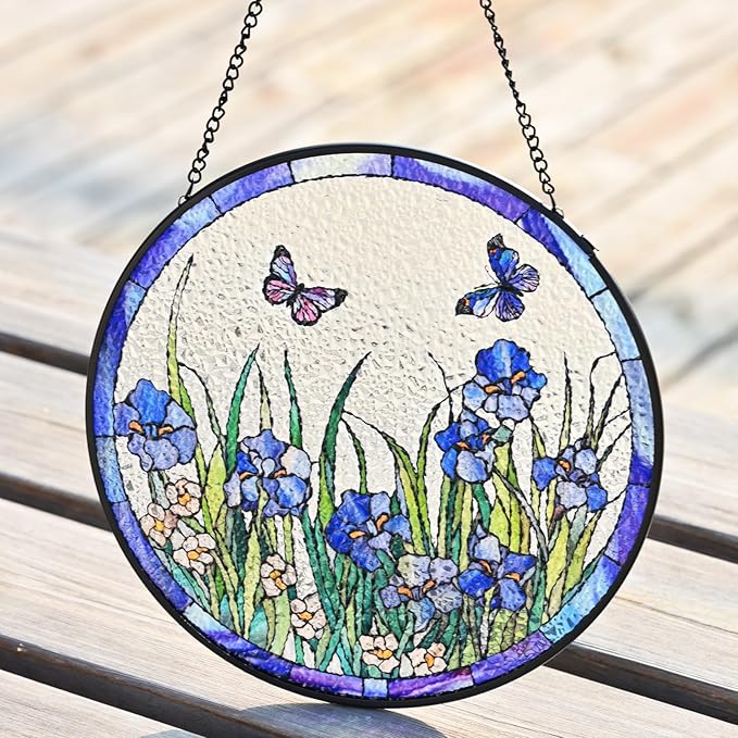 Stained Glass Window Hanging, Butterfly and Iris Flower Suncatcher 7.87inch Hand-Painted Sun Catcher for Windows and Home Decor Indoor & Outdoor Decoration, Gift for Women