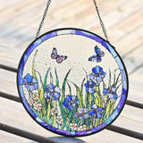 Stained Glass Window Hanging, Butterfly and Iris Flower Suncatcher 7.87inch Hand-Painted Sun Catcher for Windows and Home Decor Indoor & Outdoor Decoration, Gift for Women