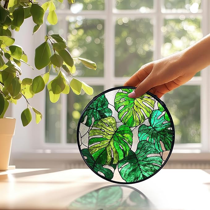 Monstera Leaf Plant Suncatchers Stained Glass Window Hanging, Monstera Decor Sun Catchers Indoor Window Glass Round Wall Decor, Plant Lovers Gifts Wall Hanging Decorations, 7.9x7.9in