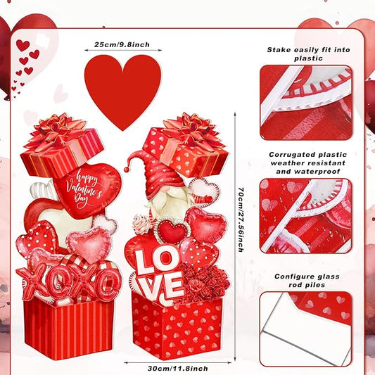 Yuntau 4 Pcs Valentine's Day Yard Signs Gnome Outdoor Sign with Stakes Valentine Red Heart Rose Gnome Lawn Gift Box for Holiday Pathway Lawn Walkway Patio Party Wedding Anniversary Decor