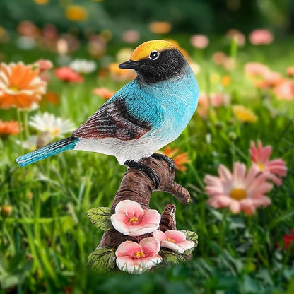 Garden Bird Statue for Outdoor Decor, Blue Bird Figurine Perched on Branch with Pink Flowers for Backyard Yard Patio, Bird Decorations for Home Shelf, Mother's Day Birthday Gifts