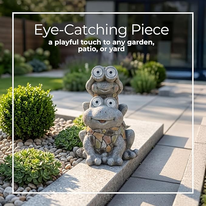Frogs Piggy Back Ride with Solar Eyes Statue for Garden Decor - Stone Like Figurine for Front Porch, Outdoor Garden, Patio, and Yard Decor - Sculptural Yard Art for Entryway - 14", Gray & Yellow