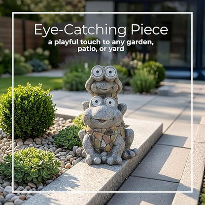 Frogs Piggy Back Ride with Solar Eyes Statue for Garden Decor - Stone Like Figurine for Front Porch, Outdoor Garden, Patio, and Yard Decor - Sculptural Yard Art for Entryway - 14", Gray & Yellow