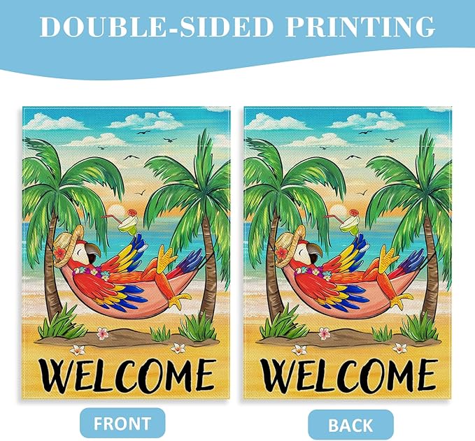 Welcome Summer Parrot Bird Decorative Garden Flag, Beach Coastal Tropical Palm Tree Yard Outside Decorations, Hawaii Sunset Nautical Seasonal Outdoor Small Home Decor Double Sided 12 x 18