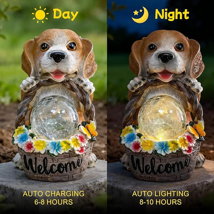Solar Dog Garden Statues Decor with Flower Waterproof Figurine Resin Sculpture Gift for Mom Grandma, Outdoor Decorations for Porch Patio Lawn Yard Home House Gardening Birthday Housewarming (Dog)