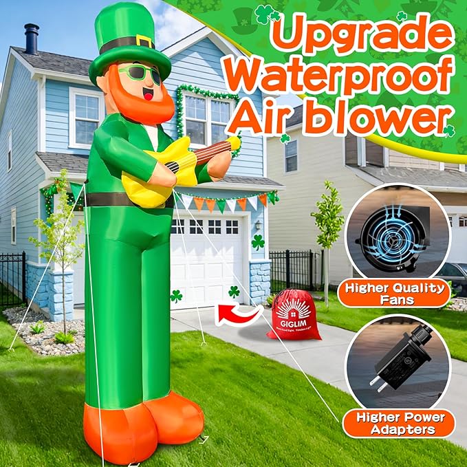 10Ft Giant St. Patrick's Day Inflatable Outdoor Decoration Blow Up Inflatable Leprechaun with Guitar Inflatable St. Patrick's Day Yard Decorations for Outdoor Garden Lawn Party(with Drawstring Bag)