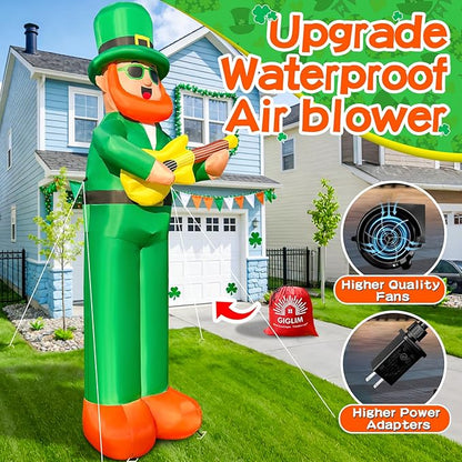 10Ft Giant St. Patrick's Day Inflatable Outdoor Decoration Blow Up Inflatable Leprechaun with Guitar Inflatable St. Patrick's Day Yard Decorations for Outdoor Garden Lawn Party(with Drawstring Bag)