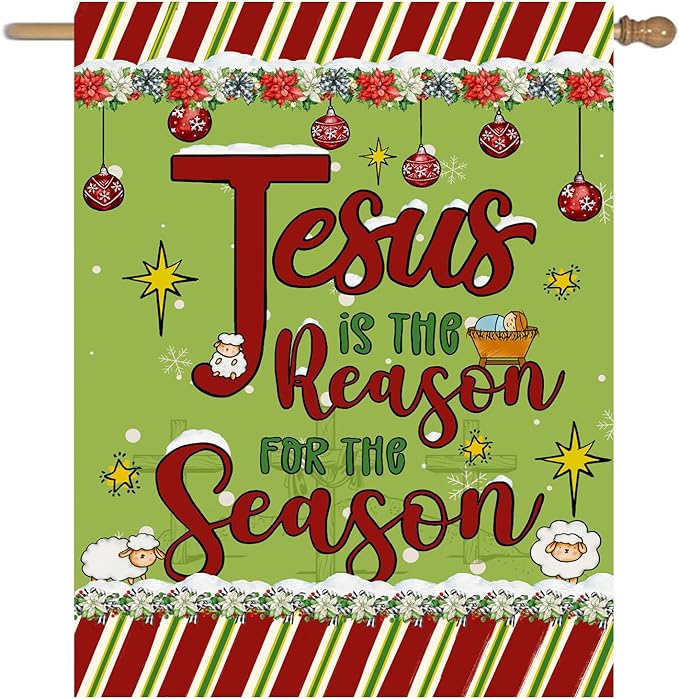 Jesus is the Reason House Flag Christian Christmas Flags 28x40 Double Sided Religious Garden Flag for Outside Large Nativity Flag Outdoor Xmas Winter Decorative Banner