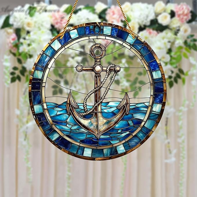 8x8 inch Charming Nautical Anchor Acrylic Stained Glass Window Hanging Sun Catcher Decor Stained Panel Hangings Wall Art Decor, for Friends and Family (Nautical)
