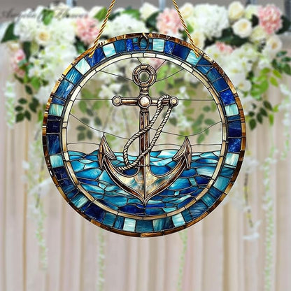 8x8 inch Charming Nautical Anchor Acrylic Stained Glass Window Hanging Sun Catcher Decor Stained Panel Hangings Wall Art Decor, for Friends and Family (Nautical)