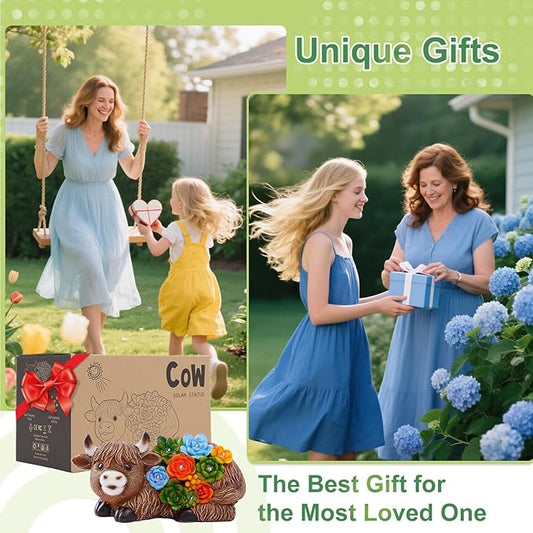 Highland Cow Garden Statues with Succulent: Outdoor Decor with Lights for Patio Balcony Yard Ornament - Unique Gifts for Mom Grandman Woman(Brown)