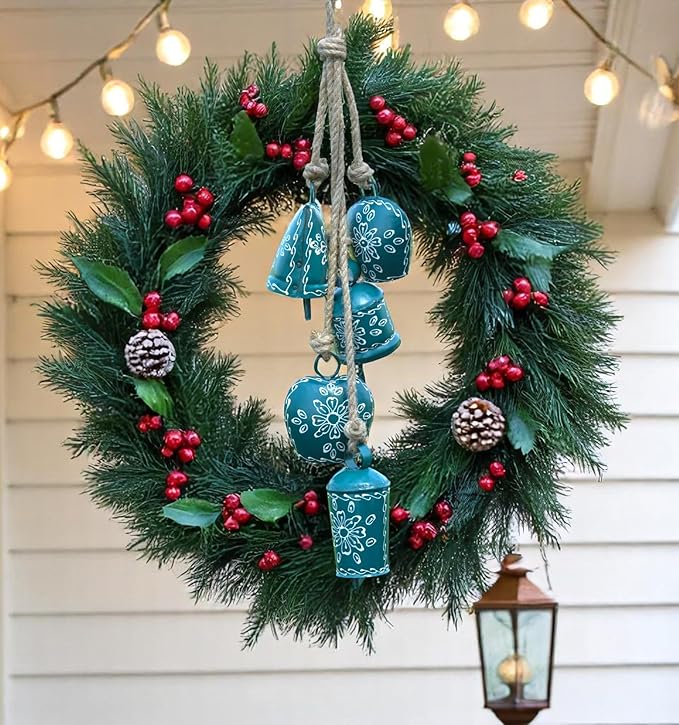 Rustic Cow Bell Wind Chime 25” - 5 Metal Hanging Bells for Christmas, Farmhouse, Porch, Entryway, Bohemian Garden Chime, Vintage Bell Garland, Antique Wind Chimes for Indoor & Outdoor (Green)