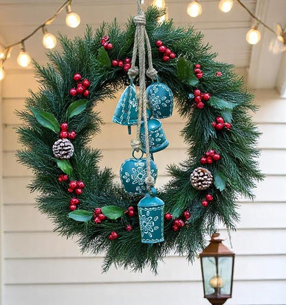 Rustic Cow Bell Wind Chime 25” - 5 Metal Hanging Bells for Christmas, Farmhouse, Porch, Entryway, Bohemian Garden Chime, Vintage Bell Garland, Antique Wind Chimes for Indoor & Outdoor (Green)