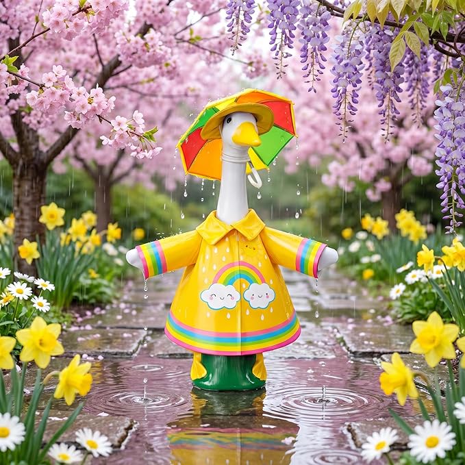 DECOHS 3 Pcs/Set Raincoat Porch Goose Outfits, Summer Lawn Goose Statue Raincoat Costume, Yard Goose Clothes Raincoats Umbrella Hat Outfit for 23" Statue Patio Garden Decoration (Yellow Rainbow)