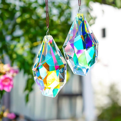 H&D HYALINE & DORA Set of 2 Crystal Sun Catcher Prisms 3.5" AB Colored Hanging Crystals for Window Rainbow Maker Prisms for Home Garden Decor