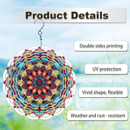 Wind Spinners Outdoor, Hanging Wind Spinner for Garden Decoration, 8 inch 3D Stainless Steel Metal Wind Sculpture for Indoor/Outdoor Decor, Mandala H