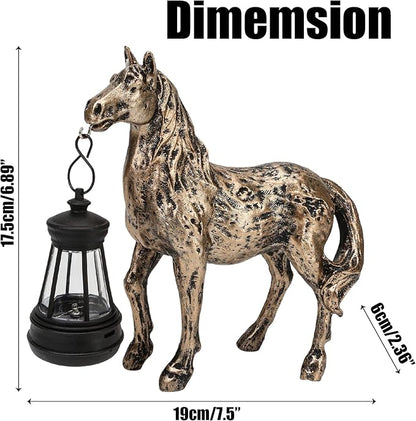 Horse Garden Statue with Lantern 7.5x6.8 inch, Solar Lighted Outdoor Figurine Sculpture for Yard Lawn Patio Farmhouse, Whimsical Home Decor, Gift for Housewarming Birthday Christmas (Bronze Color)