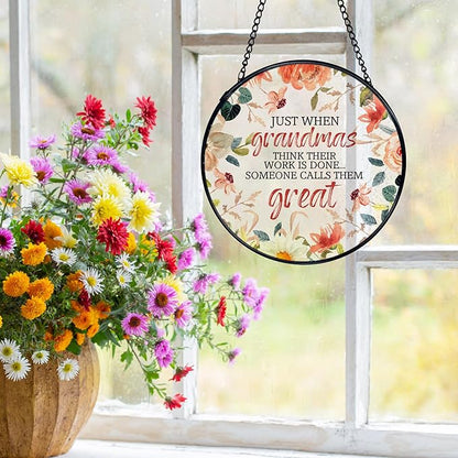Great Grandma Flower Suncatchers Stained Glass Window Hanging, Great Grandma Gifts Sun Catchers Indoor Window Glass Round Wall Decor, 7.9x7.9in