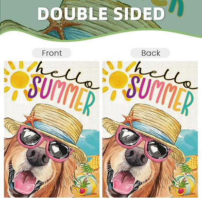 Hello Summer House Flags for Outdoor Decoration, Dog with Sunglass Beach Sun Hat Large Yard Flag, Seasonal Decorative Celebration Decor for Spring Farmhouse Holiday Outside 28x40 Inch Vertical Double Sided