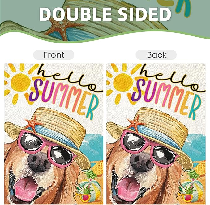 Hello Summer Garden Flags for Outside, Dog with Sunglass Beach Sun Hat Yard Decoration, Small Seasonal Outdoor Decor for Spring Farmhouse Holiday,12x18 Inch Double Sided
