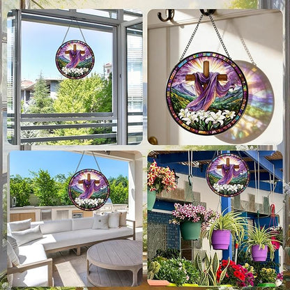 Rngmsi Cross Stained Glass Window Hanging Gift for Women, Purple Cross Wildflowers Sun Catchers Indoor Window Gifts for Men Grandma, Christmas Stained Glass Ornament Decor for Garden (7.87*7.87inches)