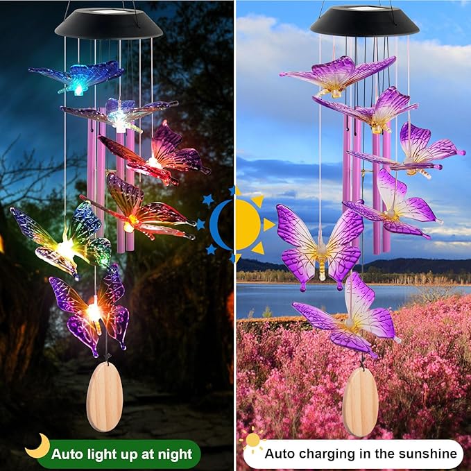 Solar Butterfly Wind Chimes for Outside, 6 Gold Jingle Bells & S Hook, Color Changing Windchimes Outdoor, Patio Yard Decor, Waterproof Gardening Gifts for Mom Women Birthday Housewarming Chimes Gift