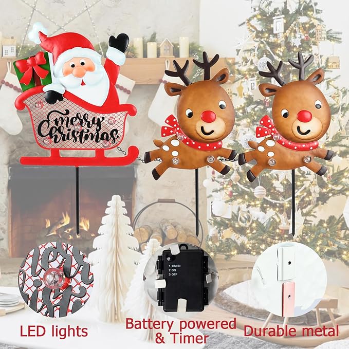 Christmas Yard Stakes Light Up Christmas Outdoor Decorations with LED Santa Claus Reindeers in Sleigh Lighted Metal Yard Stakes Xmas Garden Stake Lawn Pathway Outdoor Decoration